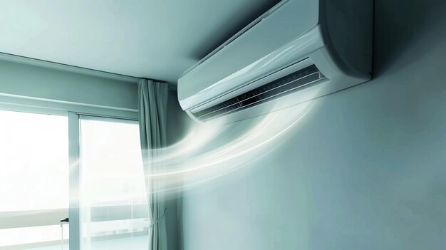 Photo a room with the air conditioner encompasses blue waves of clean air