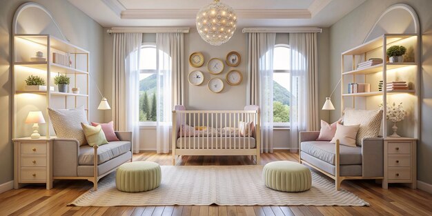 a room with a baby and a chandelier hanging above it