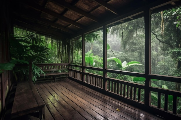 A room with a balcony and a jungle view