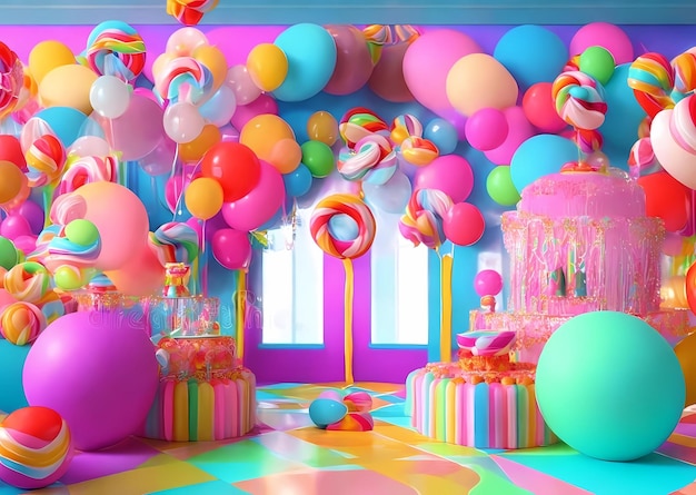 a room with balloons and a box of balloons on the floor