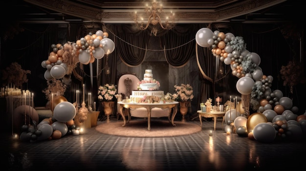 A room with balloons and a cake on it