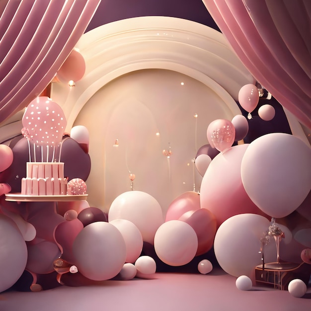 A room with balloons and a cake on a table