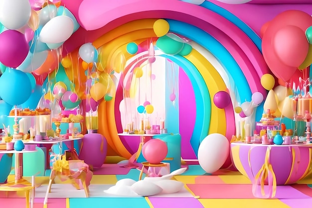 a room with balloons and a cake with a rainbow on the top.