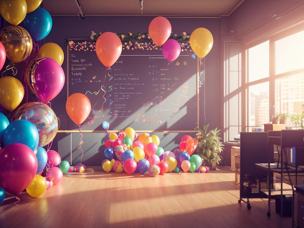 A room with balloons and a chalkboard that says'birthday'on it