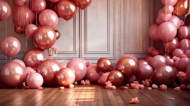 A room with balloons and a flower on the floor