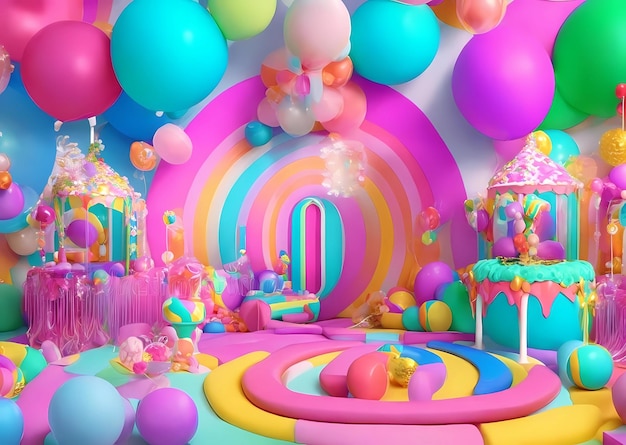 a room with balloons and a rainbow in the background.