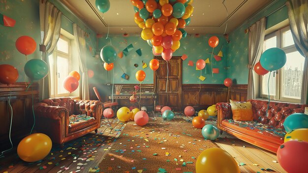 Photo a room with balloons and a room with a couch and a fireplace