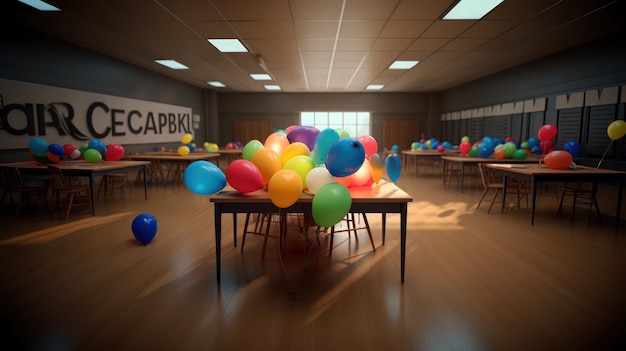 A room with balloons and a sign that says caprock on it