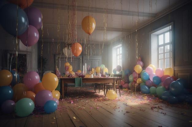 A room with balloons and a table with a bunch of balloons on it