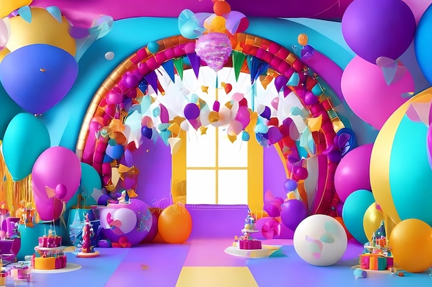 a room with balloons and a window with a view of the room.