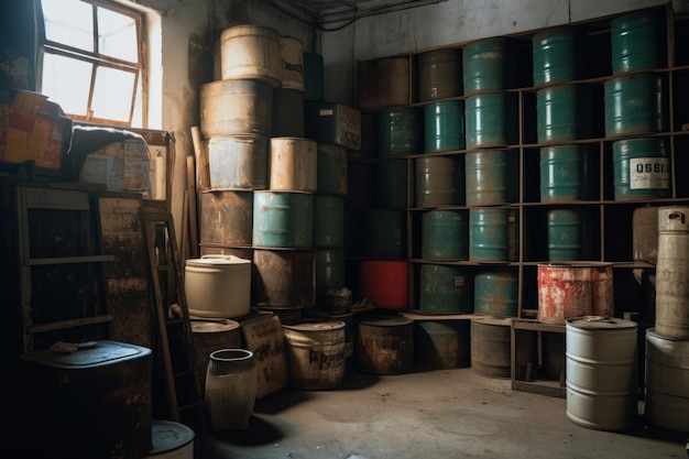 A room with barrels and a window that says'the word oil '