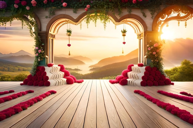 A room with a beautiful landscape and flowers