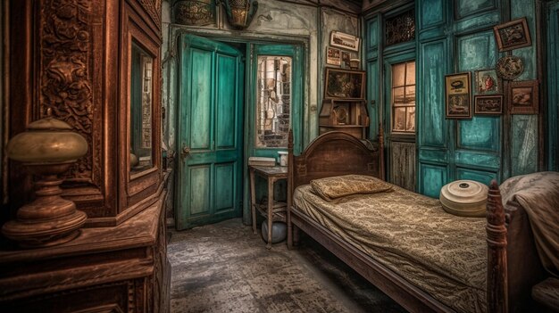 A room with a bed and a blue door