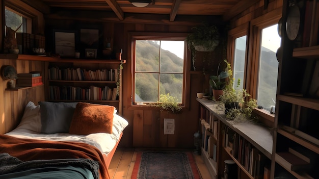 A room with a bed and a book shelf