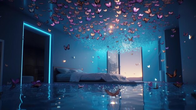 A room with a bed and a butterfly on the ceiling