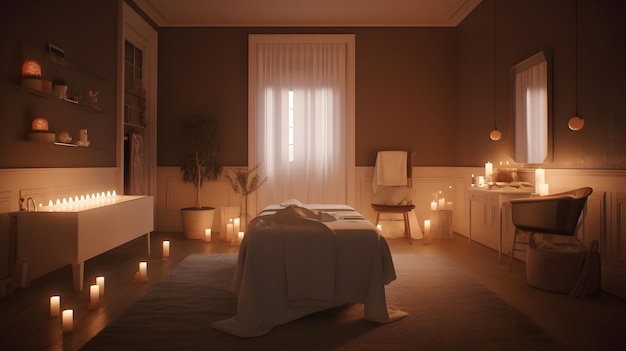 A room with a bed and candles lit up