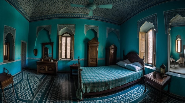 침대가 있는 방과 '더 블루 룸'이라고 적힌 천장 선풍기