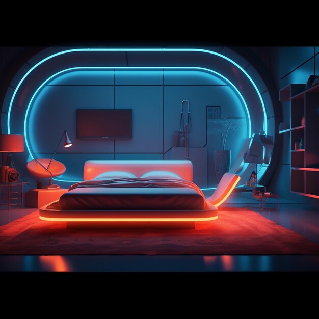 Photo a room with a bed and a chair in it retro futurist