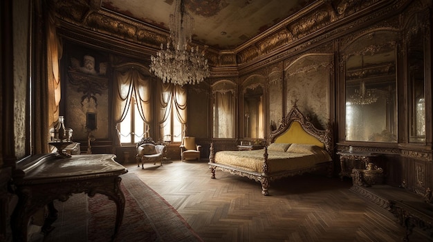 A room with a bed and a chandelier.