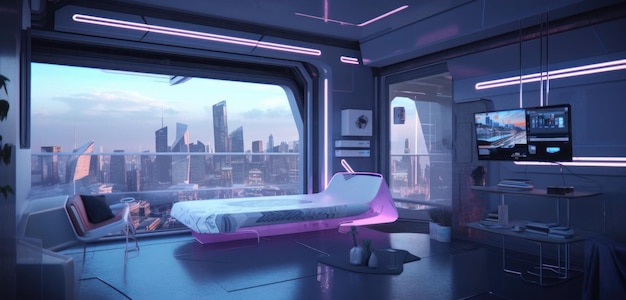 Premium AI Image | A room with a bed and a city skyline in the background