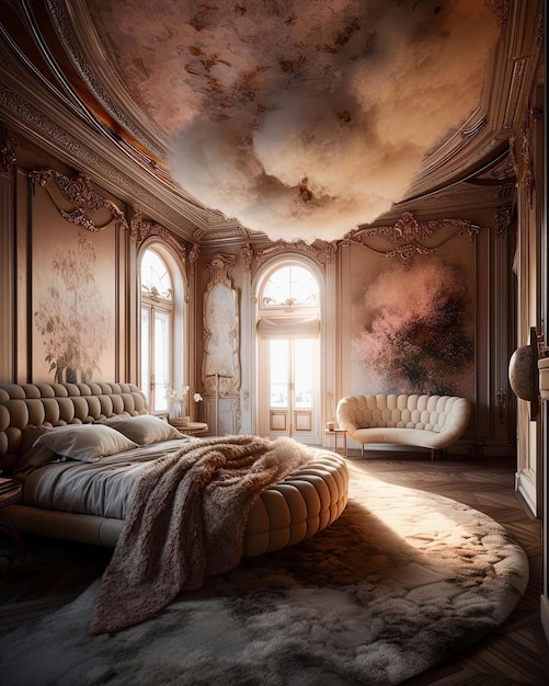 A room with a bed and a cloud on the ceiling