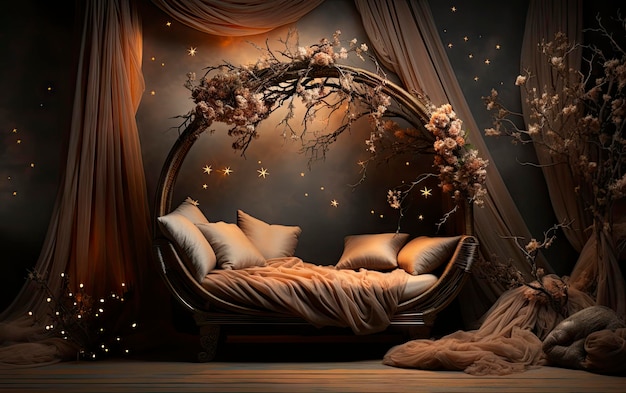 a room with a bed and a curtain with a tree branch on it.
