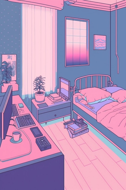 Premium AI Image | A room with a bed, a desk, a plant and a plant on ...