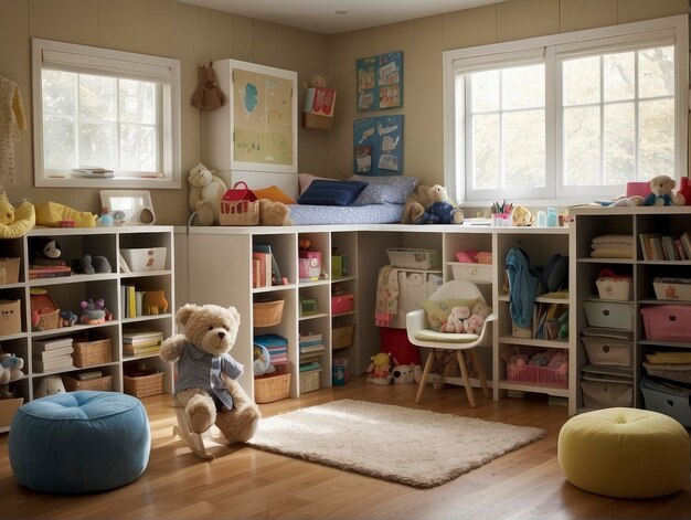 Photo a room with a bed a desk and a teddy bear