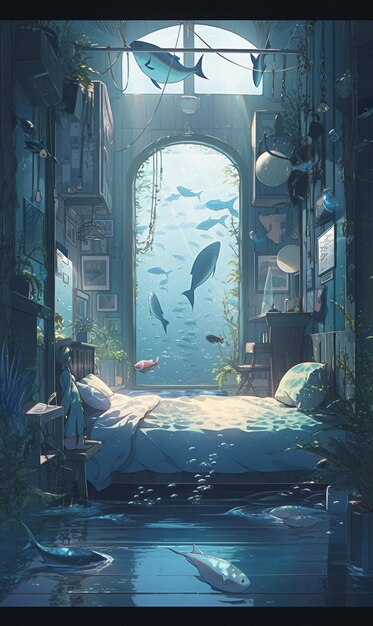 照片的房间有一张床和一条鱼