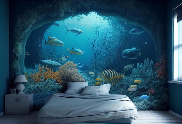 A room with a bed and a fish on it