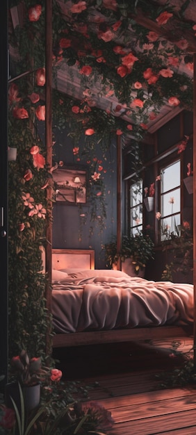 A room with a bed and flowers