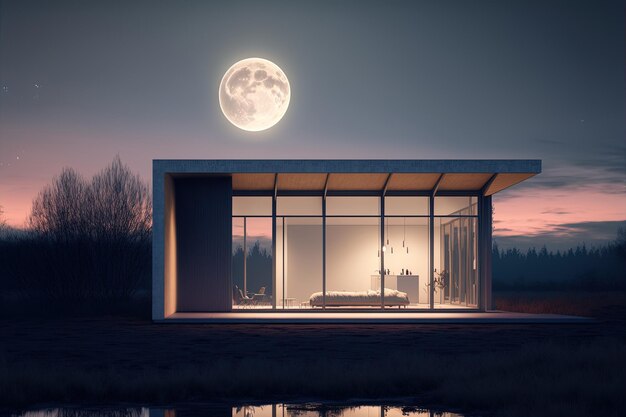 A room with a bed and a full moon in the sky generative AI