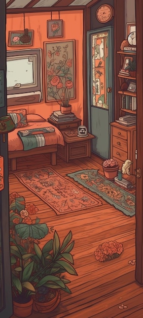 A room with a bed, a lamp, a book, and a book on the floor.