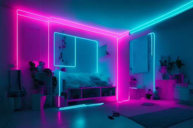 A room with a bed and a mirror that says'neon'on it