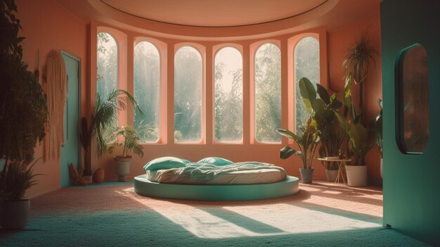 A room with a bed and plants in front of a window