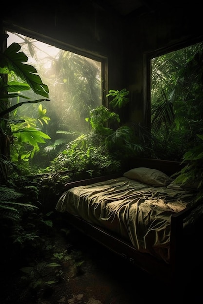 A room with a bed and plants in it