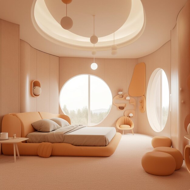 A room with a bed and a round window