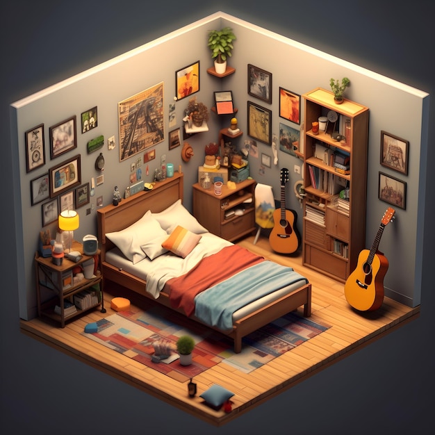 A room with a bed, shelves, and a guitar on the wall.