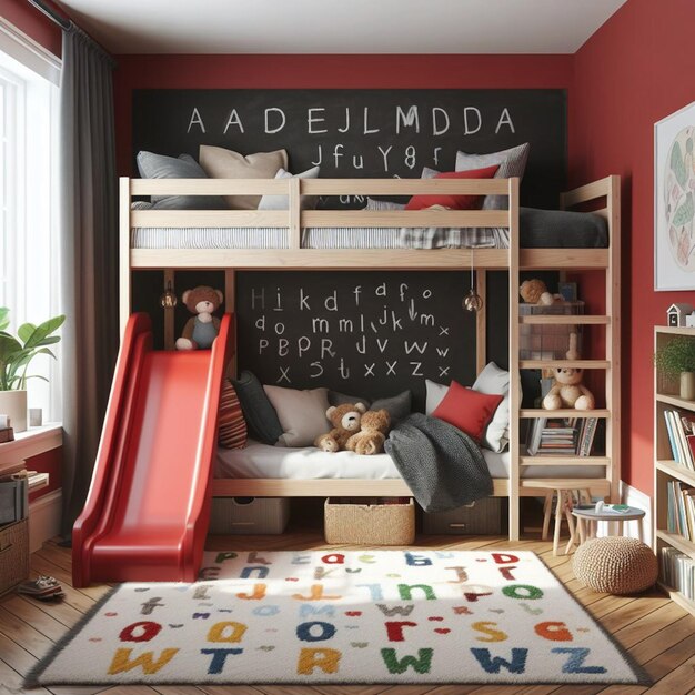 a room with a bed and a sign that says quot alphabet quot