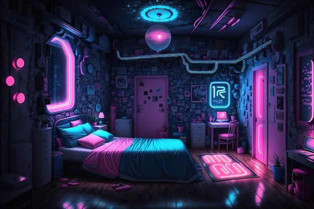 A room with a bed and a sign that says'i'm a cyberpunk '