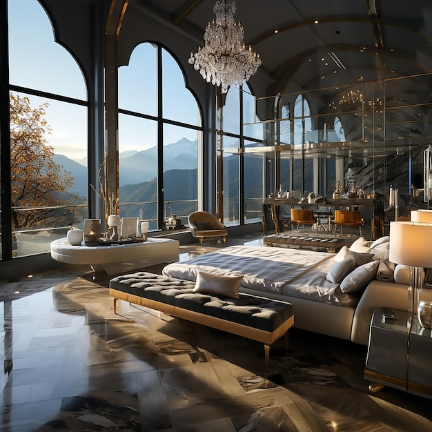 A room with a bed and a table with a view of the mountains