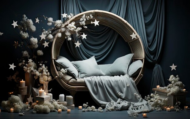 a room with a bed, a table, and a wreath with candles and a place for the text " stars "