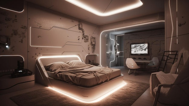 A room with a bed and a tv that says'the future '