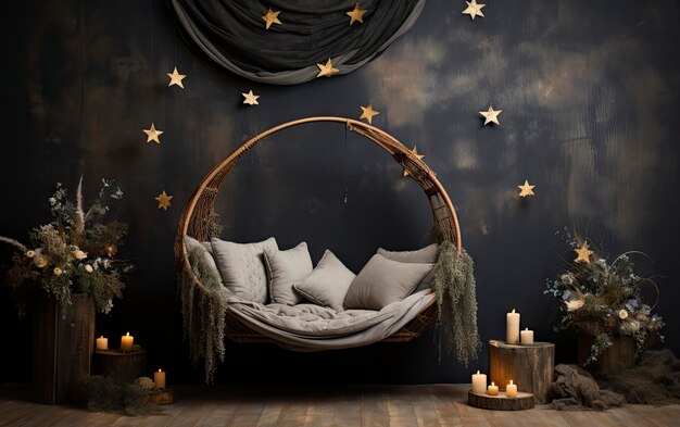 a room with a bed and a wall with a black background with stars and a place for your text.