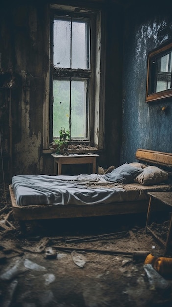 A room with a bed and a window that has been destroyed by a storm.