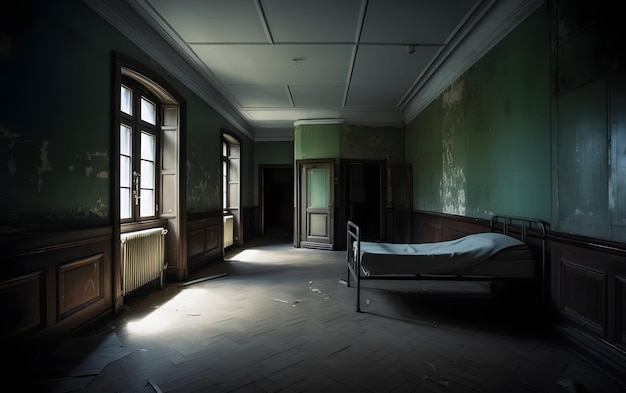 A room with a bed and a window that says'the word hospital '