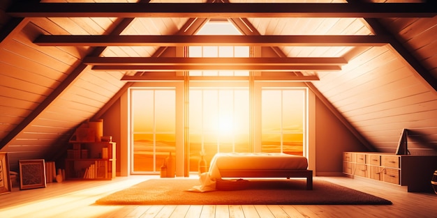 Photo a room with a bed and a window with the sun shining through it.