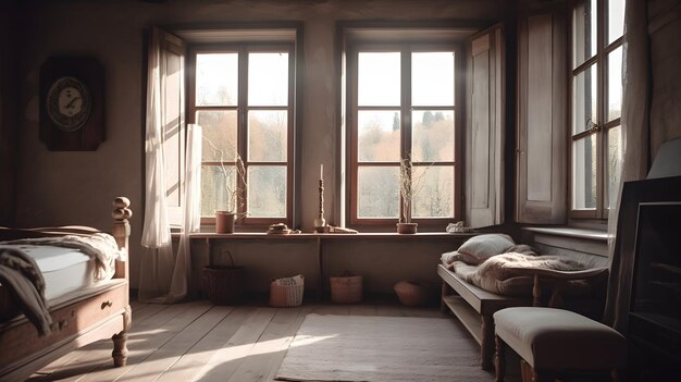 A room with a bed and a window with the sun shining through it.