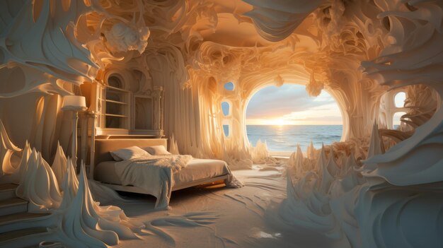 A room with a bed and a window with a view of the ocean