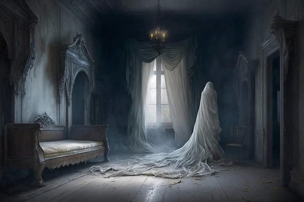 A room with a bed and a woman in a white dress.